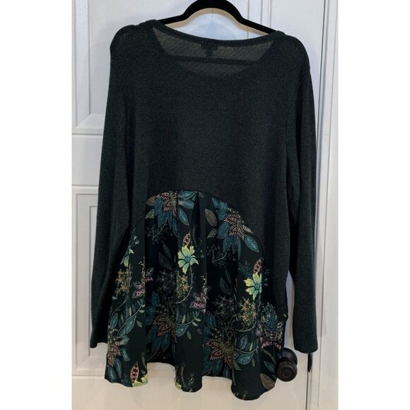 Avenue 22/24 Dark Green Heathered Knit Tunic Sweater w/Chiffon Floral Hem EUC - Picture 2 of 6